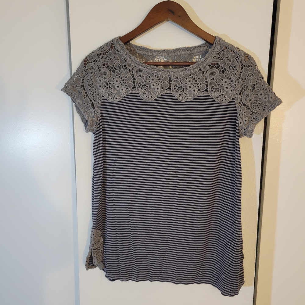 Soft Surroundings Gray and White Striped Lace Tee